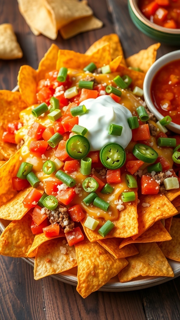 A colorful plate of loaded nachos with cheese, jalapeños, tomatoes, and sour cream, accompanied by guacamole and salsa.